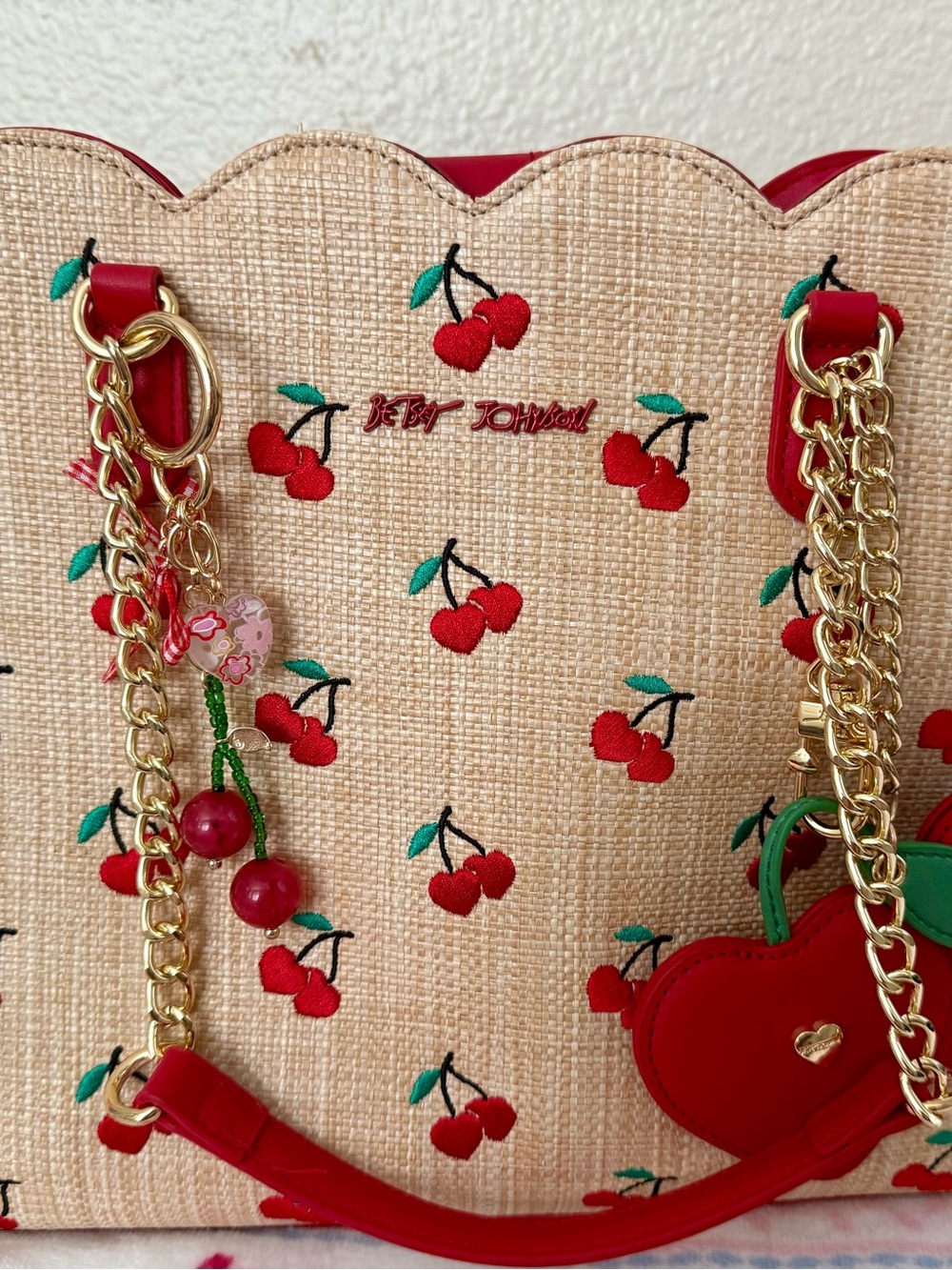 Betsey Johnson Red Cherry Embroidered Straw Tote with Gold Chains